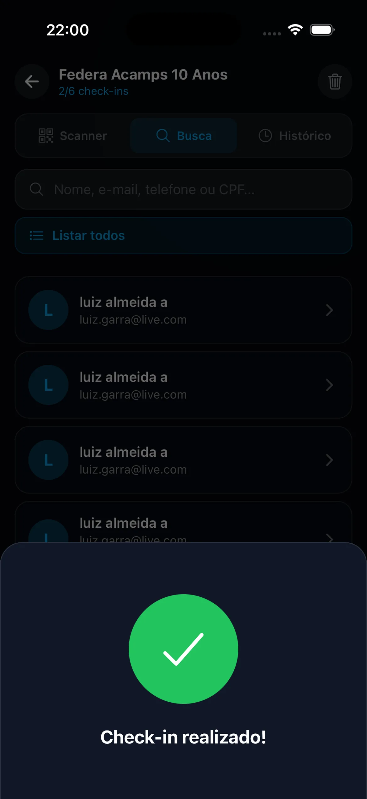 App Ingresso Fácil mostrando check-in confirmado